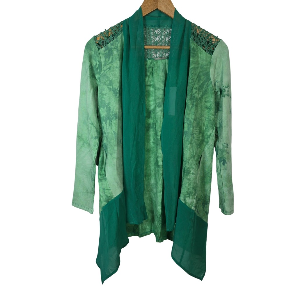 LOGO Lori Goldstein Green Tie Dye Cardigan XXS Crochet Lace Back Open Front